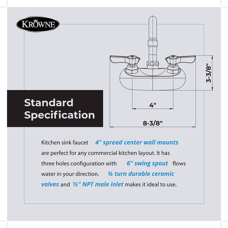 Krowne 10-406L Krowne Silver Series Faucet, Splash-Mounted, 4" Centers, 6" Swing spout, Quarter-Turn Ceramic Cartridge Valve, Includes mounting kit, Chrome Finish, Low Lead Compliant, NSFâ€‹â€‹â€Œâ€â€‹â€‹â€Œâ€Œâ€Œ - Image 3